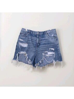 American Eagle Curvy Mom Shorts 18 Light Blue Denim Distressed Cowgirl Western